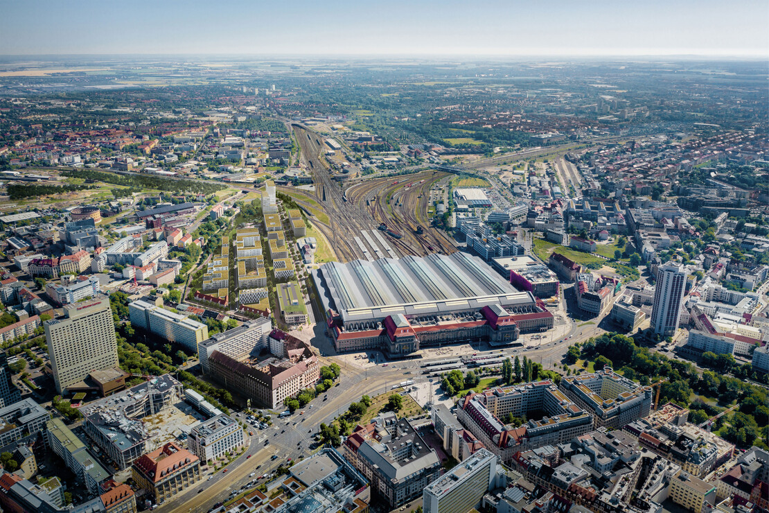 Luftbildaufnahme des Leipziger Hauptbahnhof von Süden gesehen mit Simulation des benachbarten Neubauquartiers.